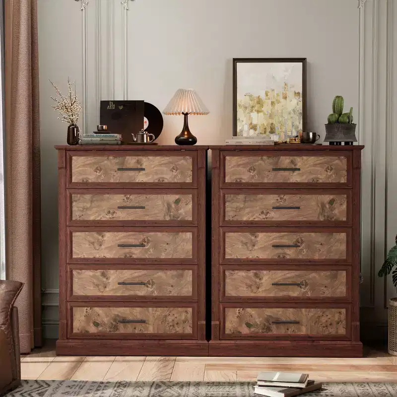 Storage drawers, bedroom five-drawer dresser, farmhouse tall chest of drawers with metal handles, living room, hallway rustic wooden dresser