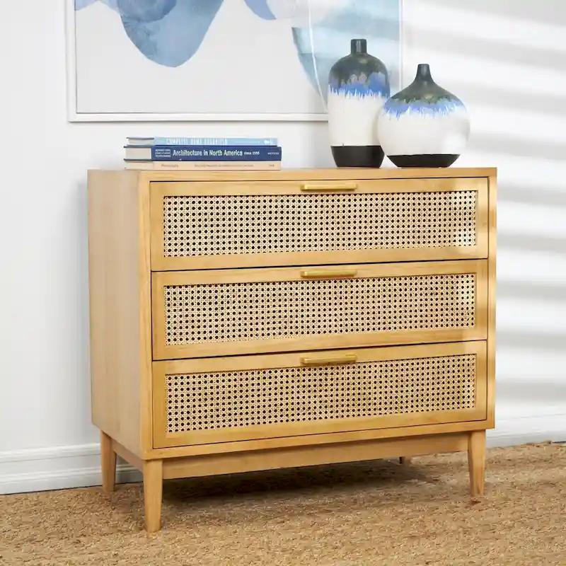 Wood 3-Drawer Cabinet with Cane Front Drawers and Gold Handles