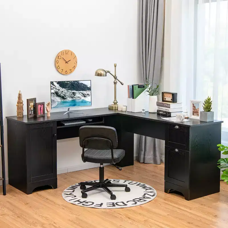 Costway L-Shaped Corner Computer Desk Writing Table Study Workstation Drawers BlackBrown