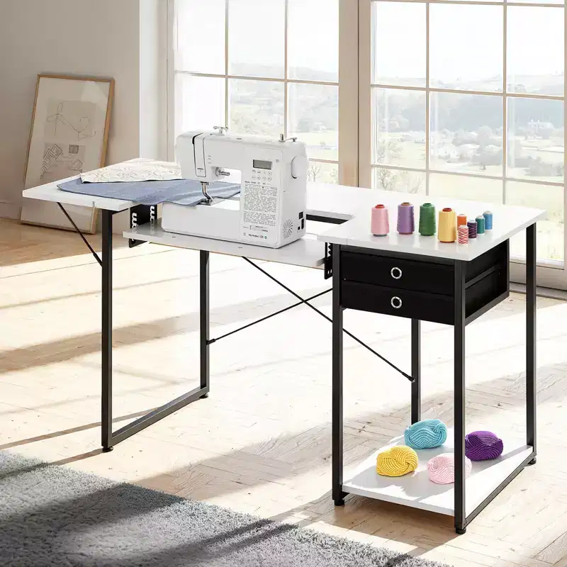 VEVOR Sewing Table, Multipurpose Sewing Machine Table with Drawers, Foldable Side Shelf, Adjustable Shelf, Steel Legs, White