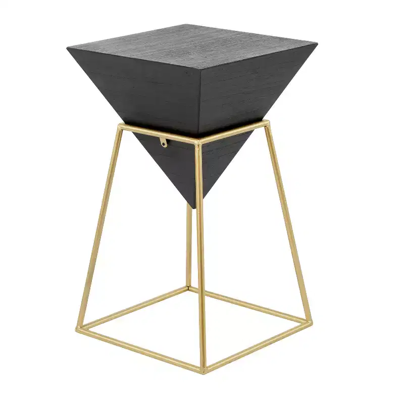 Modern Black Wood Accent Table, Gold Metal Triangle Frame, No Assembly