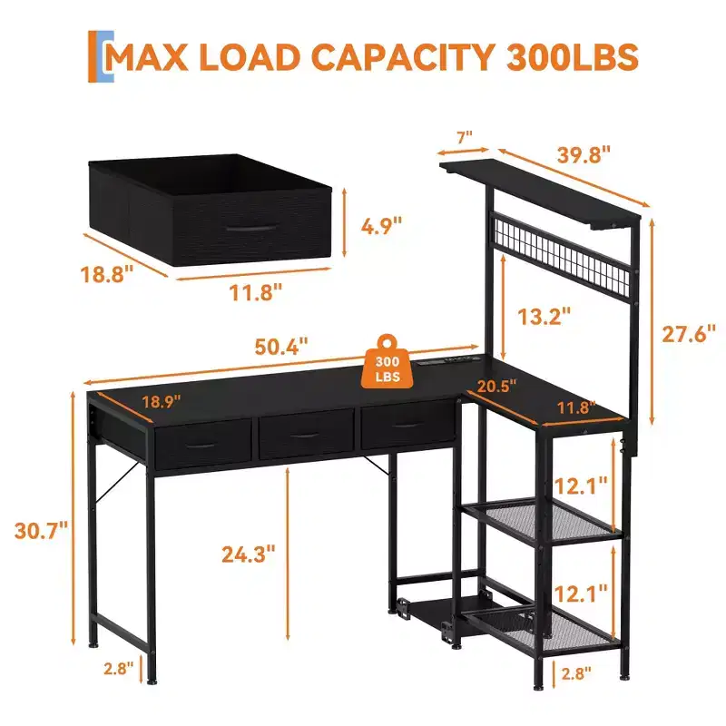 L Shaped Computer Desk with 3 Drawers, Reversible Corner Desk with Bookshelf & 3-Tier Storage for Home Office