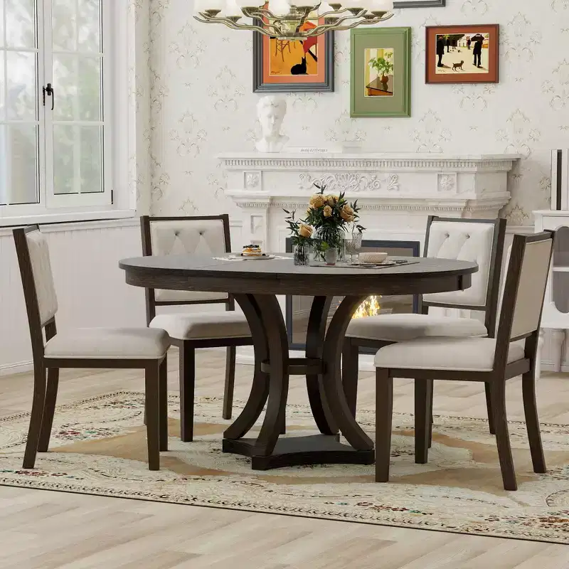 Merax Stylish 5-Piece Retro Dining Set with Extendable Round Table & 4 Upholstered Chairs
