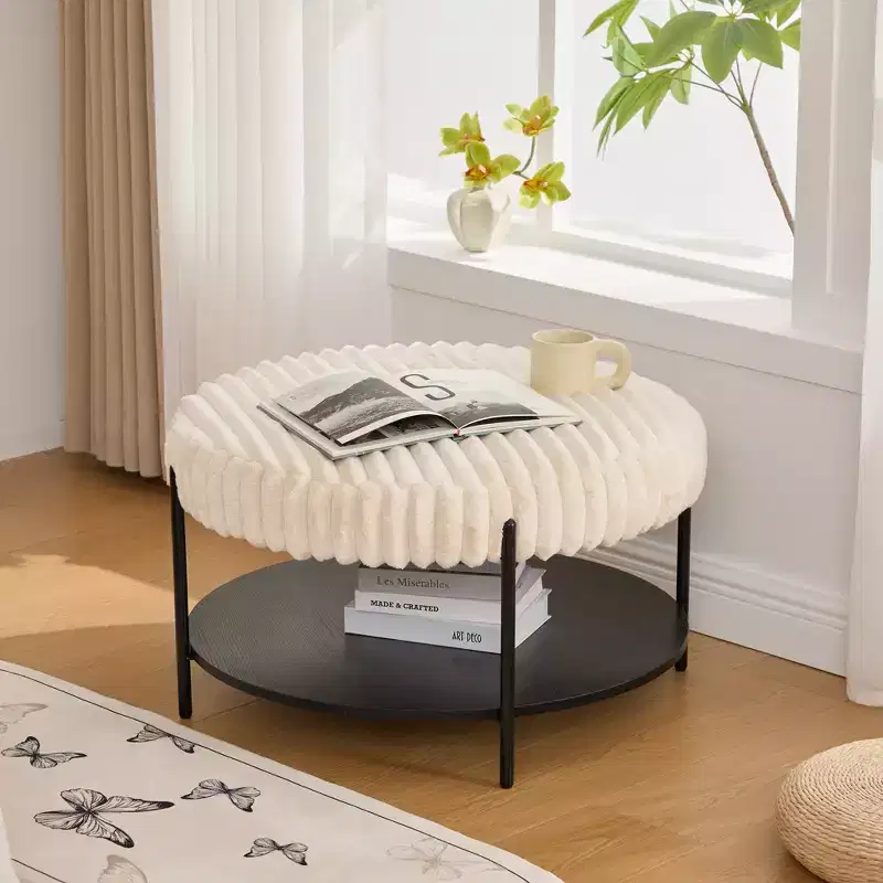Ottoman Coffee Table 30.9 Round, Padded Faux Fur Footstool, Black Metal Legs, Wooden Open Shelf, for Living Room, Bedroom, Entry, Hotel