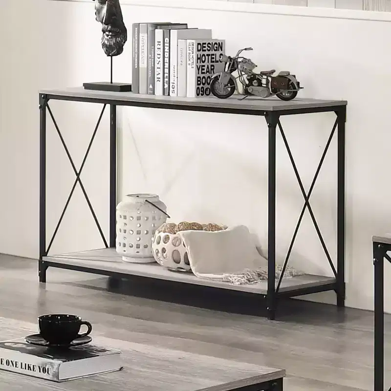 Metal and Wood Sofa Table with Lower Shelf Black/Gray