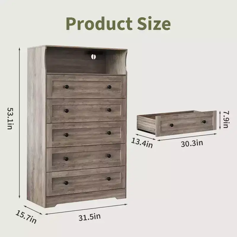 5-Drawer Tall Dresser with Display Shelf – Modern Wood Storage Cabinet for Bedroom, Closet & Hallway