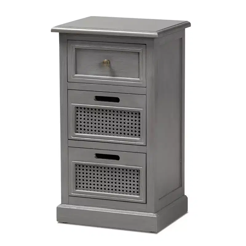 3-Drawer Nightstand with Rattan Drawer Fronts, Gray