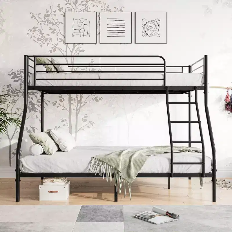 Twin-Over-Full Metal Bunk Bed with Guardrail and Inclined Ladder