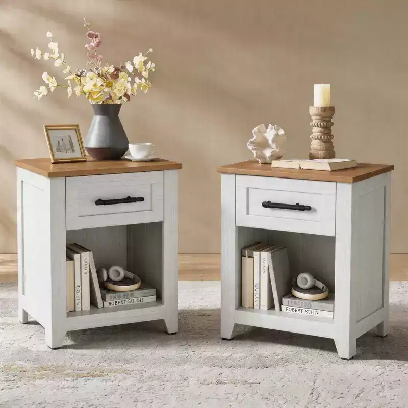 2Pcs Farmhouse Nightstand with Charging Station  2 Drawers & Open Shelf, USB/Type-C/AC Outlets, End Table for Bedroom, Living Room