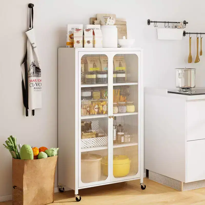 Storage Cabinet with Wheels & 2 Translucent Doors Adjustable Shelves Sideboard 31.5 x 14.5 x 58