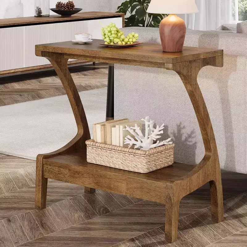 2-Tier Storage Shelf End Table, Narrow Side Table for Living Room, Bedroom, Natural Wood Paint Finish, Easy Assembly