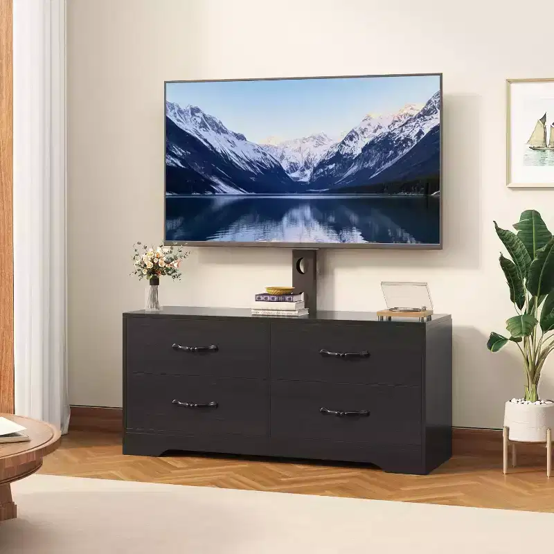 TV Stand with Mount for 32-75 Inch TVs, Modern Media Console Table with 4 Large Drawers, White Dresser Entertainment Center with Storage