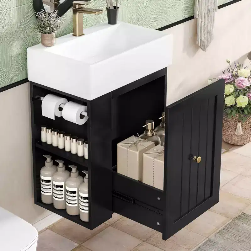 MAYEERTY 20 Bathroom Vanity Ceramic Sink MDF Storage Drawer Side Shelf Golden Handle Small Bathroom
