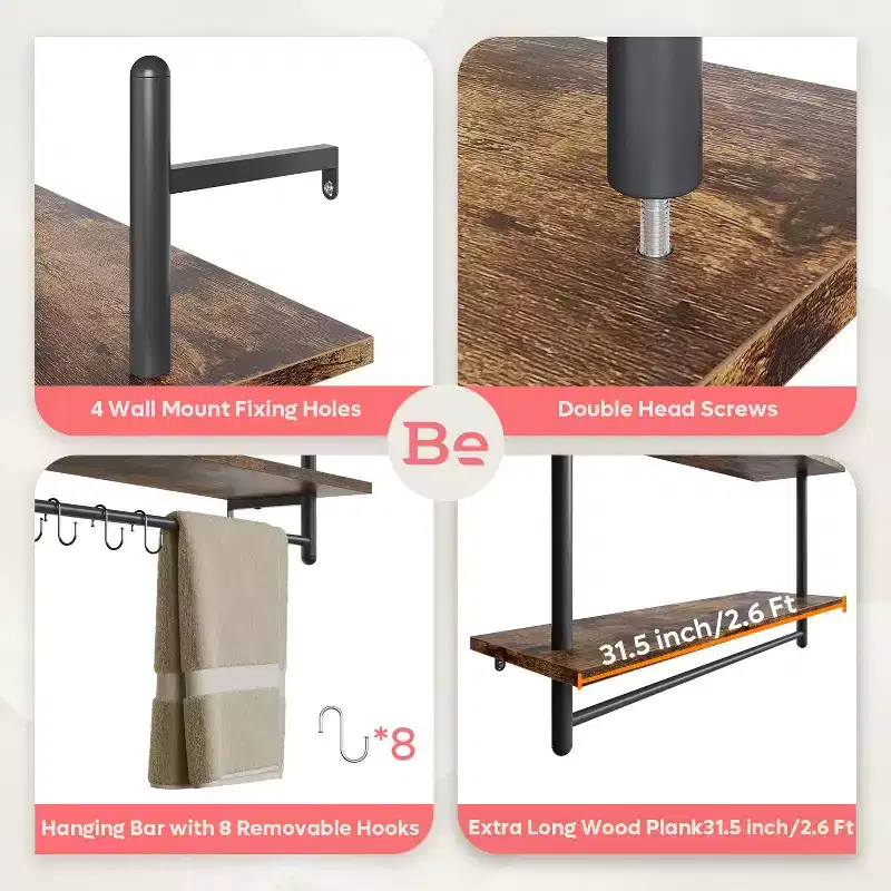2-Tier Wall-Mounted Shelf with Hooks