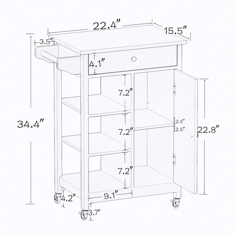 Kitchen Island Rolling Trolley Cart with Adjustable Shelves and Towel Rack - 25.98L * 15.55W * 34.06H