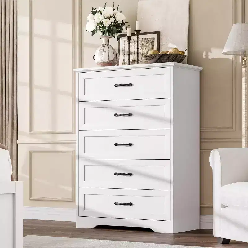 5-Drawer White Dresser – Sturdy Storage with Smooth Gliding Drawers for Bedroom & Guest Room