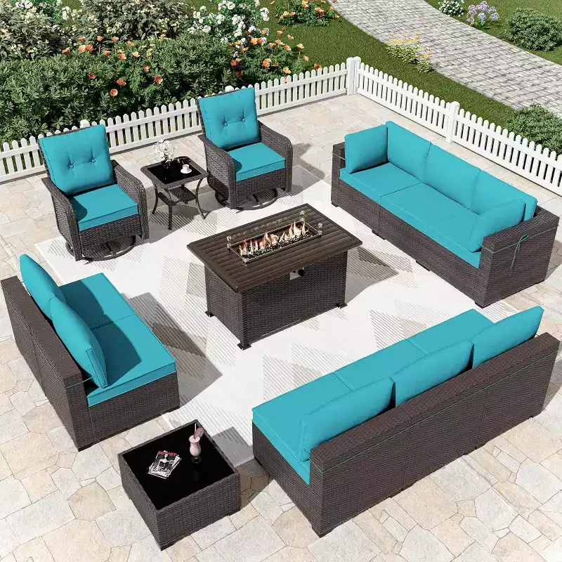 ALAULM 13 Pieces Patio Furniture Set, Rattan Wicker Outdoor Conversation Sets w/43in Propane Fire Pit Table, Swivel Rocking Chairs