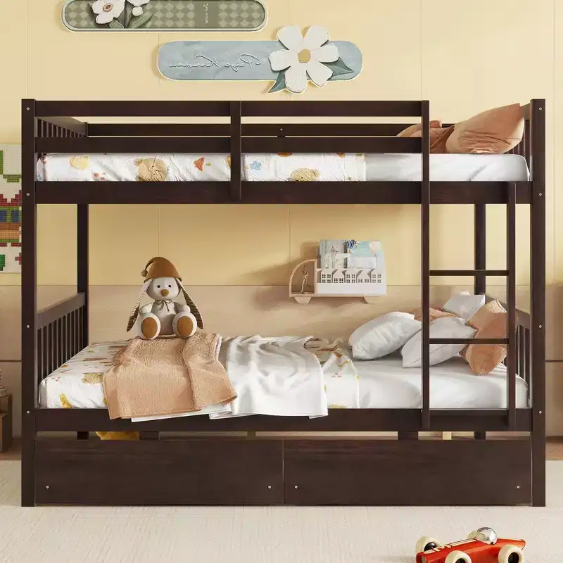 Whisen Convertible Rubber Wood Bunk Bed with 2 Drawers, Ladder and Safety Guardrails