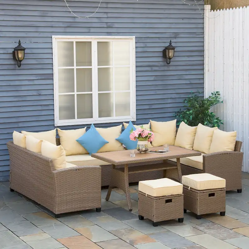 Outsunny 6 Piece Patio Wicker Sofa Set w/ Strip Wood Grain Plastic Coffee Table & Cushions, Mixed Grey - 68.5L x 24W x 28.25H