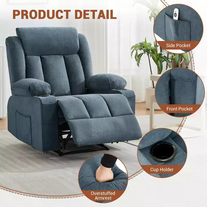 Recliner Chair, Manual Reclining Sofa with Massage and Heat, Comfy Overstuffed Rocking Chair with Side Pockets, Front Pockets and Cup Holde