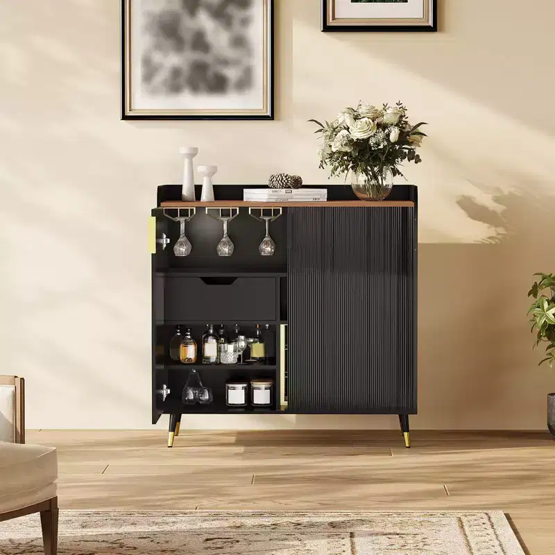 31.5 Wine Bar Cabinet, Wooden Coffee Bar Cabinet with Wine Rack & Glass Holder, Modern Sideboard Buffet Cabinet for Home Living Room Entryway