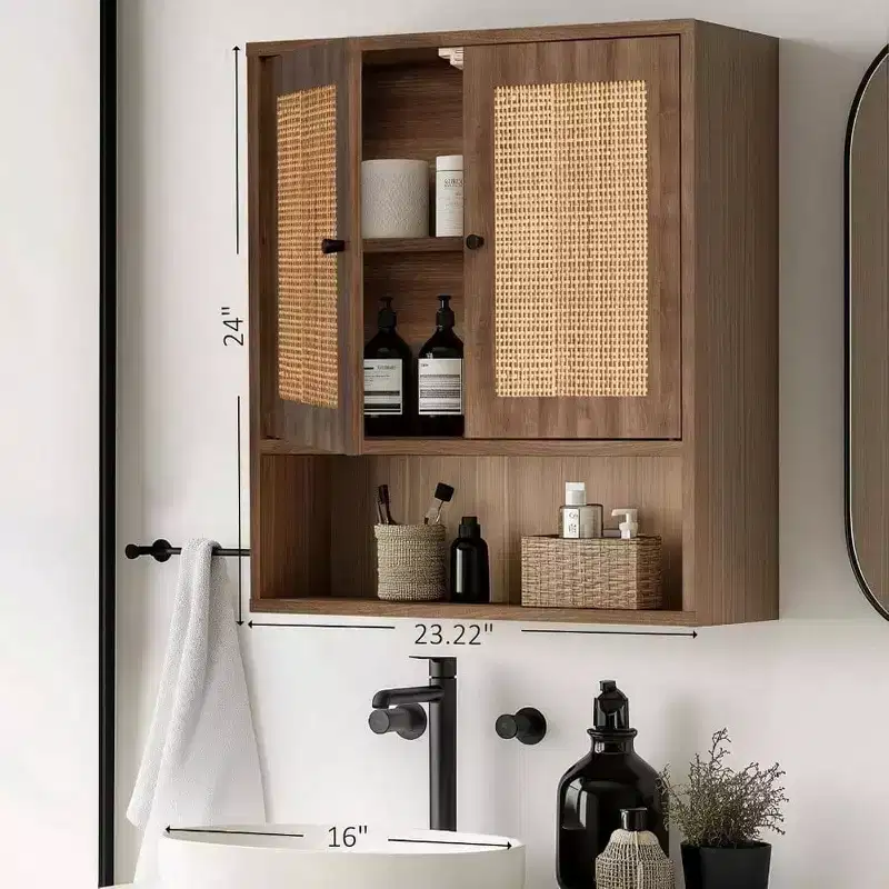 Wall-Mounted Rattan Cabinet with Double Doors and 3 Shelves