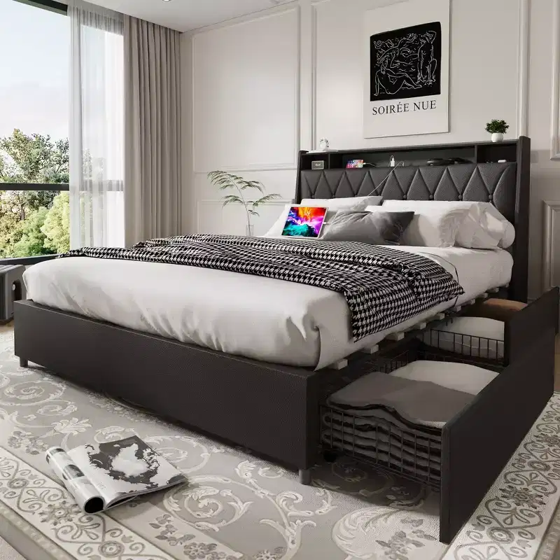Full/Queen Platform Bed Frame with Upholstered 4 Storage Drawers Bed with Outlets Charger Metal Frame No Box Spring Needed Noise-Free