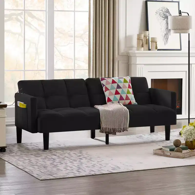 Velvet Convertible Sofa Bed, 3-Seater Tufted Futon Couch for Apartment, Black