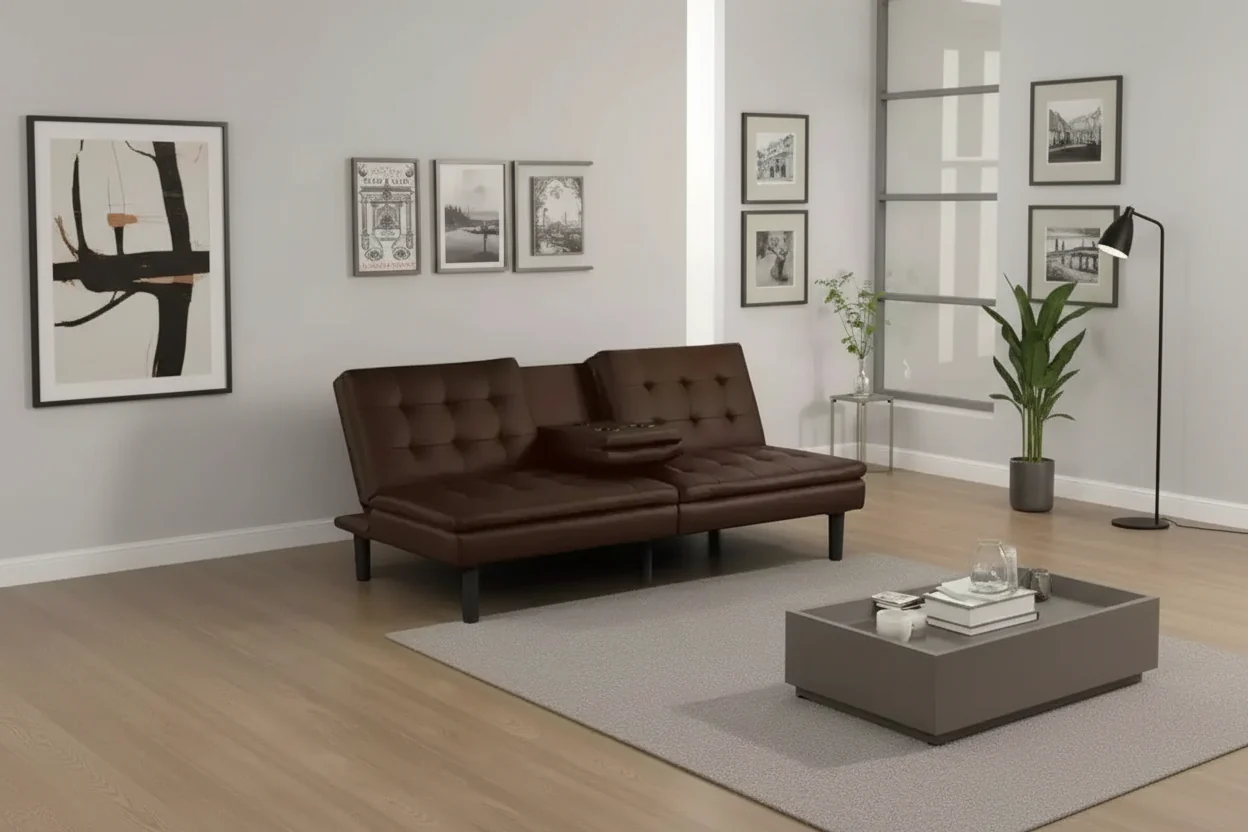 Futon Sofa Bed, Drop-Down Tray and Cupholder, Brown Faux Leather