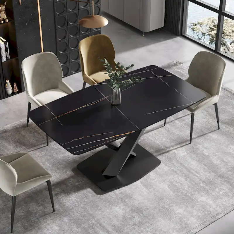 63-Inch Dining Table with Sintered Stone Tabletop and Metal Base