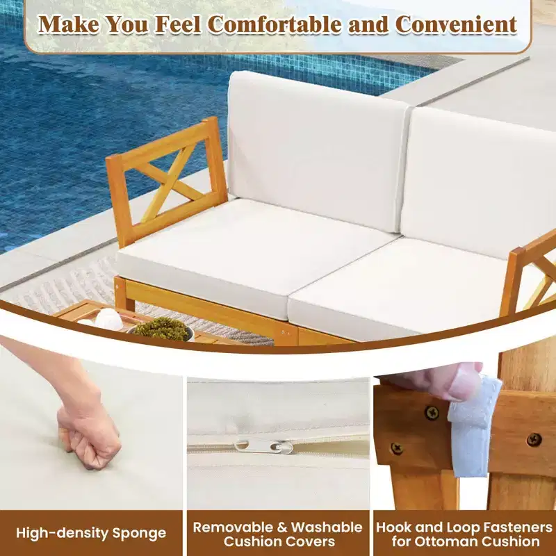Costway 5 PCS Acacia Wood Patio Furniture Set with 2-Tier Coffee Table and Cushions