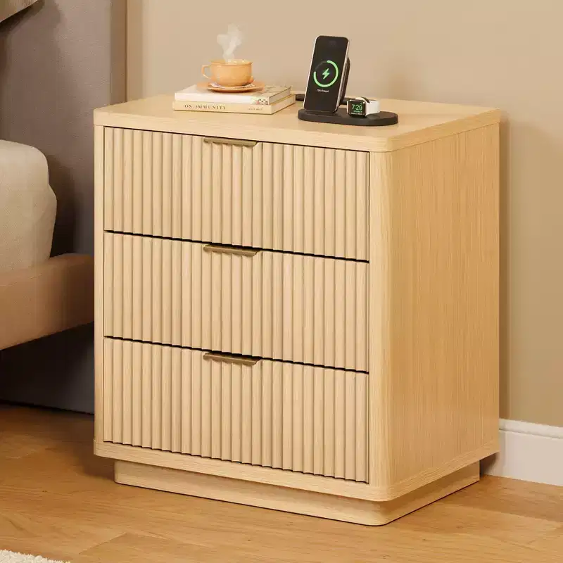 Nightstand with 3 Drawers, Fluted Bedside Table with Outlet, Light Wood Night Stand with Storage for Bedroom and Living Room, Space Saving
