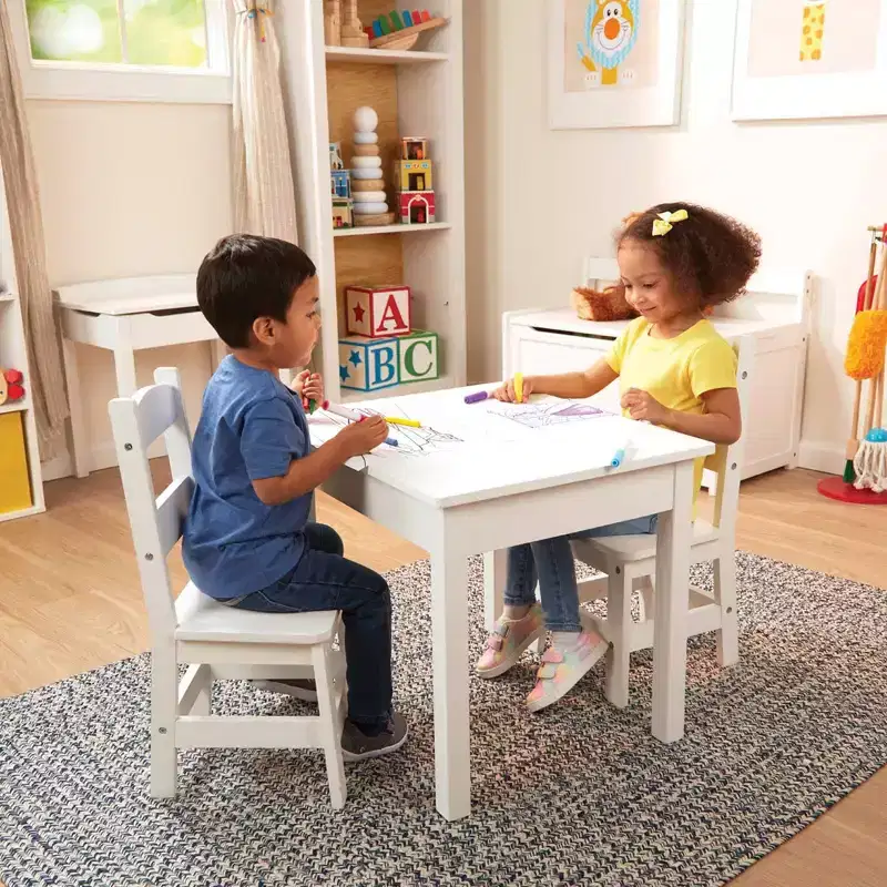 Melissa & Doug Wooden Kids' Table and 2 Chairs Playroom Furniture Set - White: Square Surface, 3-Piece Set