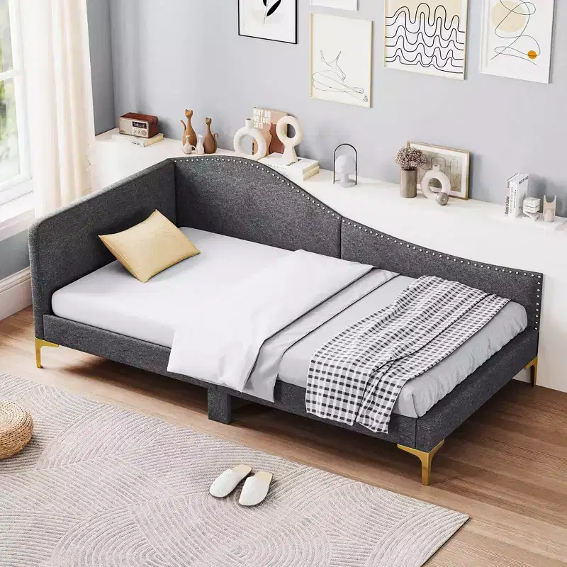 Costway Twin/Full Size Upholstered Daybed Rivet-Tufted Platform Bed with Metal Legs Wood Slats