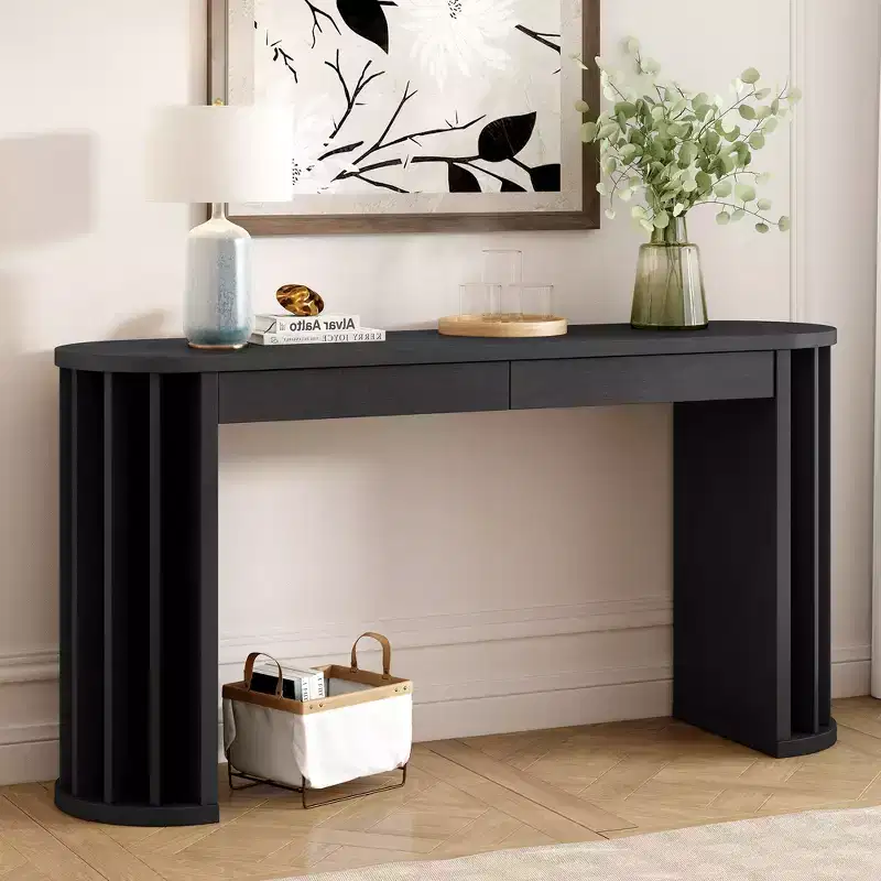 Long Console Table with Storage, Minimalist Entryway Table with Drawers and Wood Hallway Table with Curved and Straight Line Design