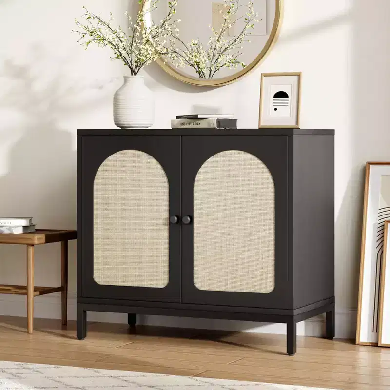 Sideboard Buffet Cabinet, Kitchen Storage Sideboard with Rattan Doors, Liquor Coffee Buffet Accent Cabinet for Living Room, Dining Room