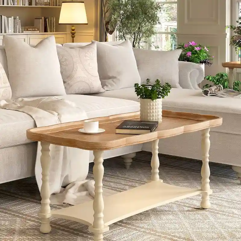 French Farmhouse Coffee Table with Natural Tray Top and Shelf