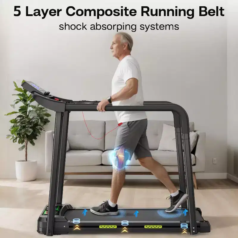 Okak Walking Pad Treadmill for Senior, Foldable Treadmill with Long Handrail for Balance, Treadmill with Large LED Display, Black