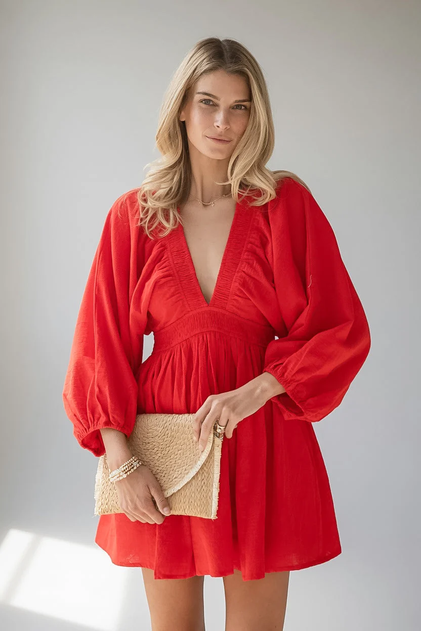 Smocked Waist Balloon Sleeve A-Line Mini Dress
