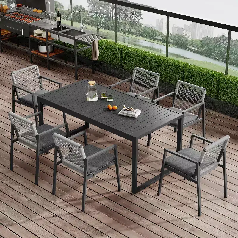 Christopher Knight Home Bennett 7 pcs Outdoor Modern Aluminum Dining Set with Woven Rope, Black/Gray