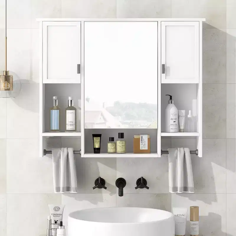MAYEERTY 28.7 Wall Mounted Bathroom Mirror Cabinet with Concealed Storage 6 Open Shelves Medicine Cabinet White