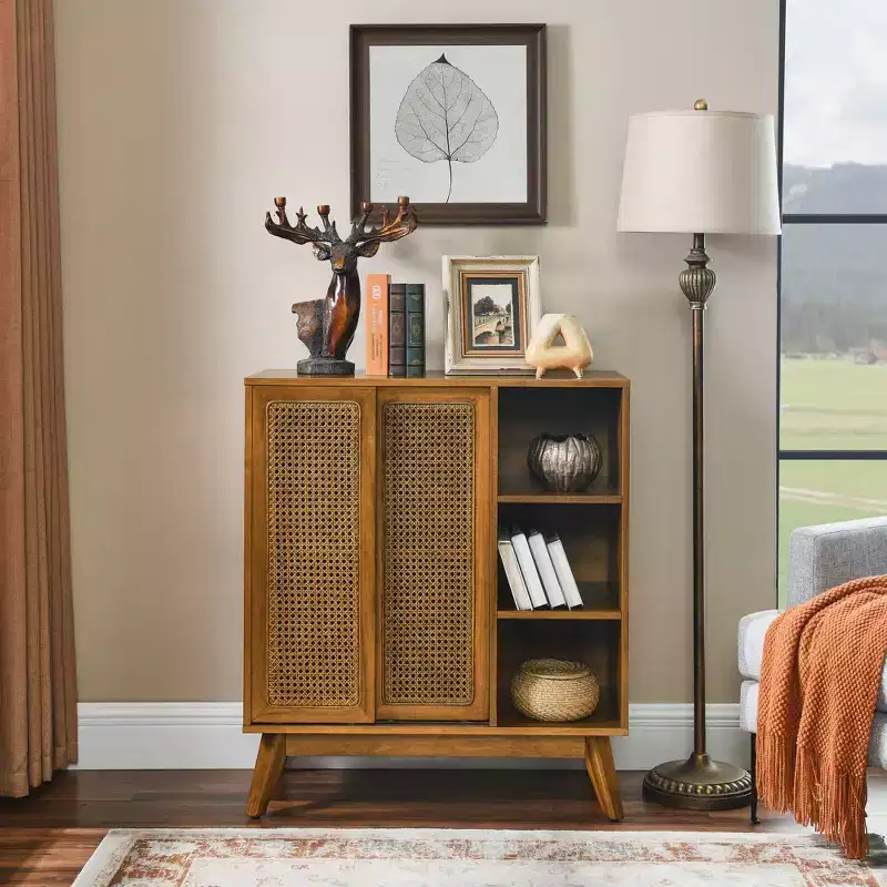 Mid Century Modern Rattan Sideboard Buffet Cabinet with Adjustable Shelf Solid Wood Feet Rattan Doors Walmut