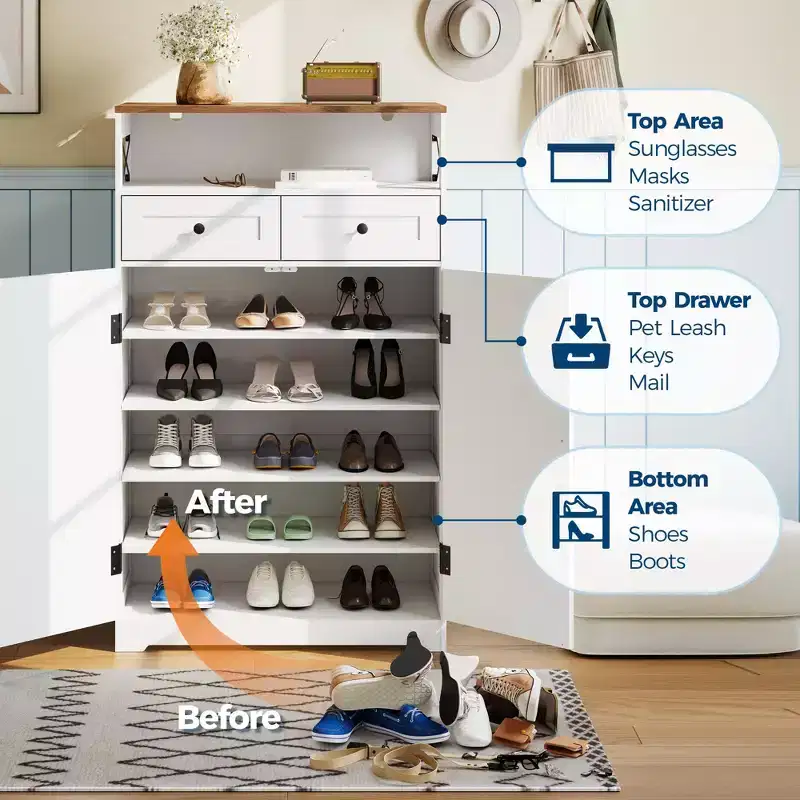 Shoe Cabinet, Shoe Storage Cabinet  Modern Farmhouse Narrow Design with Drawers & Adjustable Shelves, Freestanding Organizer for Entryway