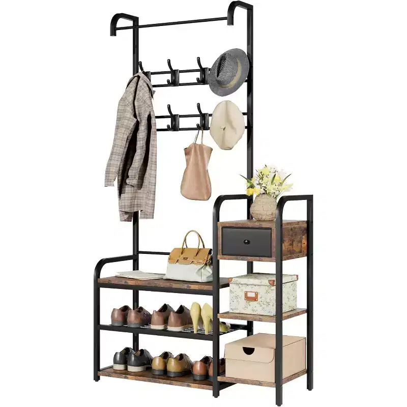 5-in-1 Hall Tree with Shoe Bench & Drawer, Entryway Coat Rack with 8 Hooks, Storage Bench & Adjustable Feet (Retro Brown)