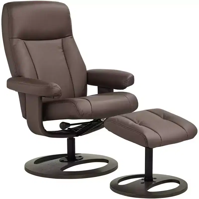 Chocolate Faux Leather Recliner Chair Modern with Ottoman Footrest Ergonomic Manual Reclining Swivel for Bedroom