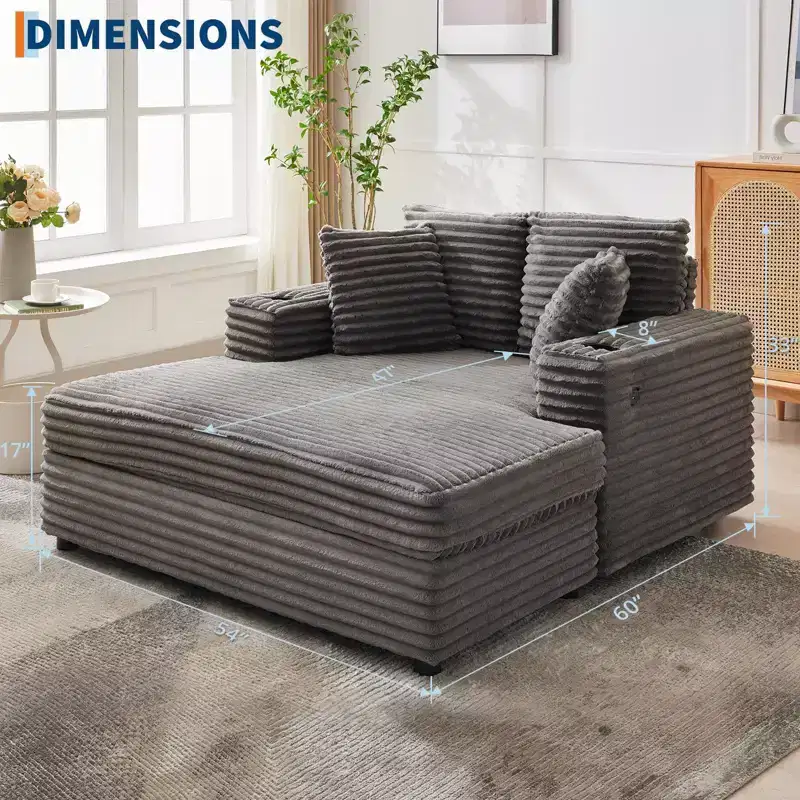 Indoor Comfy Corduroy Lounge Sofa with Charging Station, Cup Holders & Throw Pillows Cozy Sleeper Couch for Living Room, Bedroom & Apartments