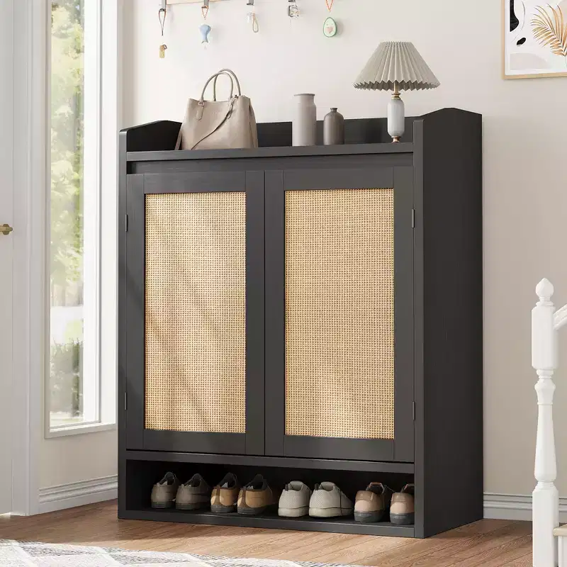 COZONY 5-Tier Rattan Shoe Cabinet Storage Organizer with 2 Doors Adjustable Wooden Entryway Hallway Closet Living Room Natural