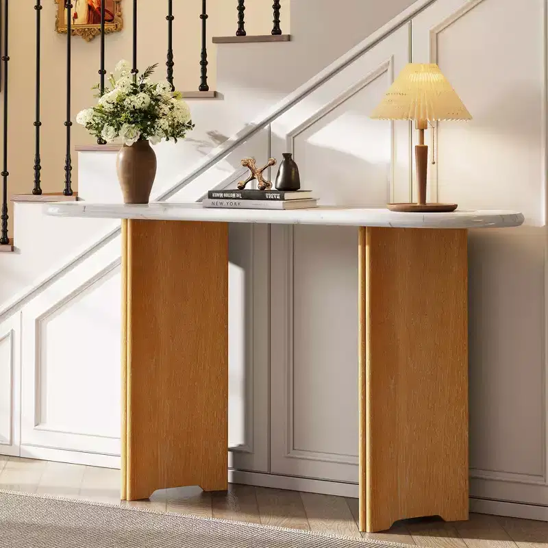 Narrow Console Table with Oval Faux Marble Top Rustic Sofa Table with Curved Legs for Living Room Natural White