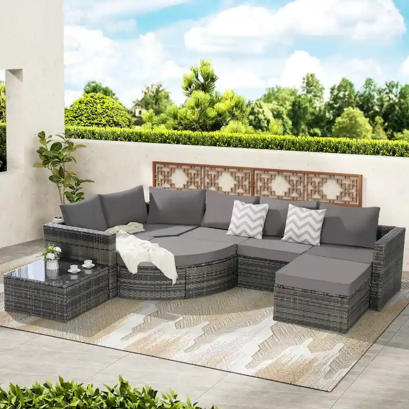 8 Pcs Outdoor Sectional L- Shaped Sofa Set, Patio Wicker Conversation Set Furniture with Curved Sofa Ottoman and Coffee Table