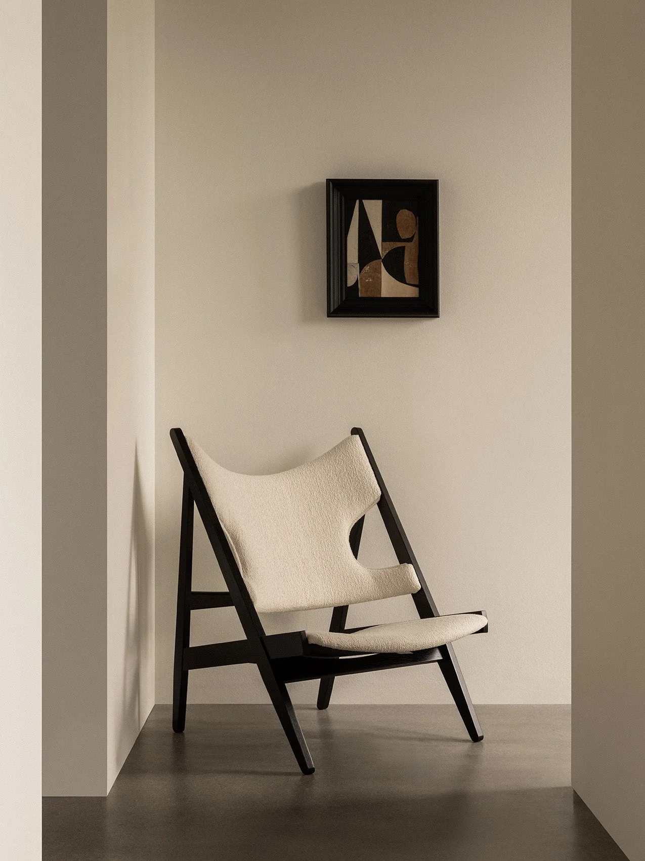 Lounge Chair in Black Oak Elbow Cut-Outs, Ivory Boucl